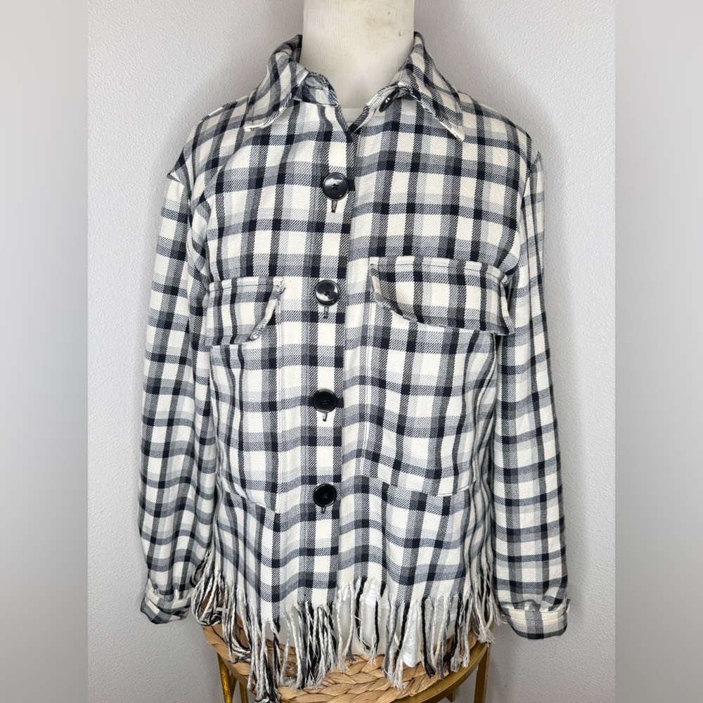 Renuar Flannel Shirt Jacket Black and White Plaid Fringed Hem Shacket Buttoned